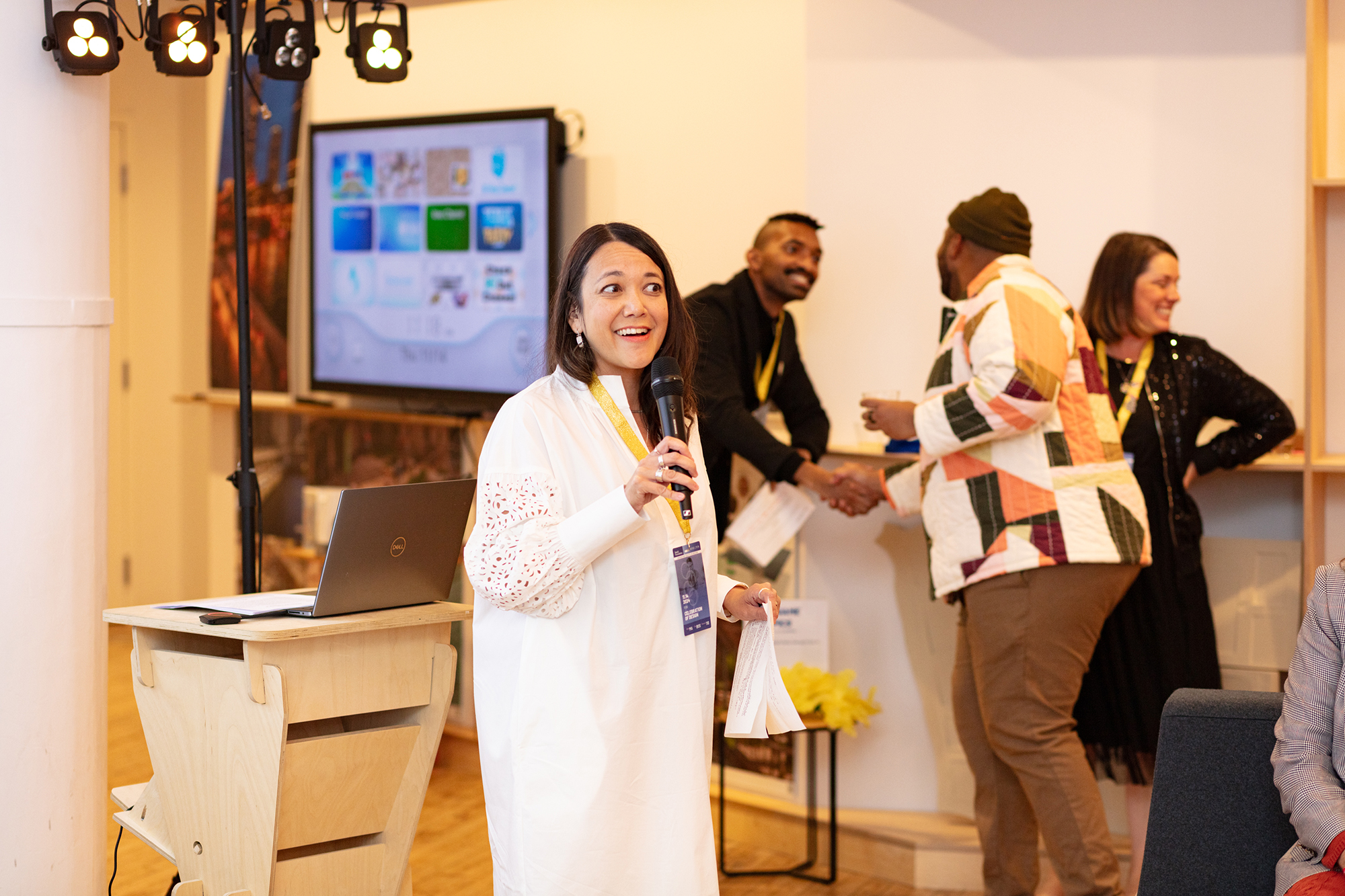 Photo of Sasaki Foundation Executive Director Jennifer Lawrence and Board of Trustees Chair Mary Anne Ocampo welcoming attendees to the 2023 Celebration of Design